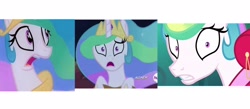 Size: 2048x892 | Tagged: safe, edit, edited screencap, screencap, princess celestia, alicorn, pony, between dark and dawn, g4, season 1, season 4, season 9, swarm of the century, twilight's kingdom, big eyes, close-up, comparison, crown, cute, cutelestia, eyelashes, face, female, flowing mane, frown, gasp, jewelry, mare, multeity, open mouth, regalia, scared, scaredlestia, shrunken pupils, surprised face, teeth