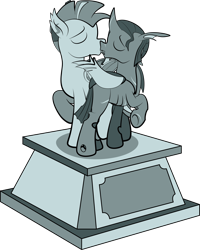 Size: 1920x2400 | Tagged: safe, artist:alexdti, oc, oc only, oc:kallaxia, oc:nocturnal wanderer, bat pony, changeling, kissing, simple background, statue, transparent background