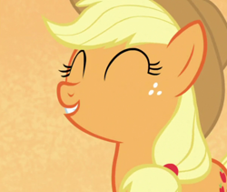 Size: 608x514 | Tagged: safe, screencap, applejack, earth pony, pony, all bottled up, g4, season 7, best friends until the end of time, cropped, cute, eyes closed, female, freckles, jackabetes, mare, orange background, simple background, smiling, solo