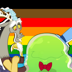 Size: 250x250 | Tagged: safe, anonymous artist, edit, discord, smooze, draconequus, g4, bowtie, crack shipping, duo, gay, hat, lgbt, male, outline, pride flag, shipping, smoozecord, white outline