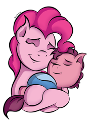 Size: 1006x1409 | Tagged: safe, artist:johesy, pinkie pie, oc, oc:little brian, earth pony, pony, banned from equestria daily, g4, baby, baby pony, ball, colt, duo, duo male and female, eyes closed, female, foal, hug, male, mare, mother, mother and child, mother and son, offspring, parent:oc:big brian, parent:pinkie pie, parents:canon x oc, simple background, smiling, transparent background