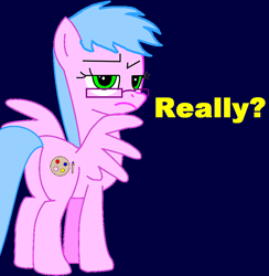 Size: 938x962 | Tagged: safe, artist:sarahstudios11, oc, oc only, oc:artie brush, pegasus, pony, 2012, blue background, confused, female, glasses, looking at you, mare, really?, simple background, solo, text, unamused