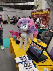 Size: 1200x1600 | Tagged: safe, discord, pinkie pie, sunny starscout, sweetie belle, twilight sparkle, human, robot, rubronycon, sweetie bot project, g4, g5, irl, irl human, photo, plushie, proto3, russia, sweetie bot, translated in the comments