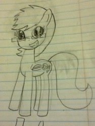 Size: 720x960 | Tagged: safe, artist:sarahstudios11, oc, oc only, oc:artie brush, pegasus, pony, black and white, glasses, grayscale, lined paper, monochrome, pencil drawing, sketch, smiling, solo, traditional art