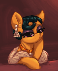 Size: 2260x2775 | Tagged: safe, artist:t72b, cleopatra jazz, earth pony, pony, g4, bust, ear piercing, earring, eyeshadow, feather boa, female, high res, jewelry, looking at you, makeup, mare, necklace, pearl, piercing, simple background, solo, squishy cheeks