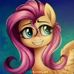 Size: 1500x1500 | Tagged: safe, artist:kimmyartmlp, fluttershy, pegasus, pony, g4, bust, cute, female, full face view, grin, looking sideways, mare, portrait, shyabetes, smiling, solo, spread wings, stray strand, wings