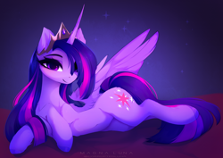 Size: 2780x1968 | Tagged: safe, artist:magnaluna, twilight sparkle, alicorn, pony, the last problem, beautiful, belly button, cute, female, high res, looking at you, lying down, majestic, mare, older, older twilight, on side, princess twilight 2.0, signature, smiling, smiling at you, solo, spread wings, twiabetes, twilight sparkle (alicorn), wings