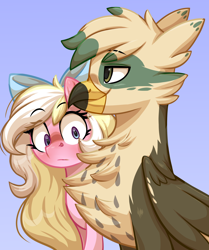 Size: 2066x2473 | Tagged: safe, artist:moonseeker, oc, oc only, oc:bay breeze, oc:dillinger, griffon, pegasus, pony, abstract background, blushing, bow, chest fluff, chest fluff envy, duo, eyes on the prize, female, girl staring at guy's chest, griffon oc, hair bow, high res, male, mare, meme, pegasus oc, ponified meme, simple background, surprised, wings