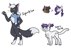 Size: 1114x751 | Tagged: safe, artist:moonstruck-badger, capper dapperpaws, rarity, oc, oc:snow belle, oc:sparkler, abyssinian, hybrid, pony, g4, capperity, chest fluff, clothes, female, interspecies offspring, male, offspring, parent:capper dapperpaws, parent:rarity, parents:capperity, scarf, shipping, siblings, simple background, sisters, straight, white background