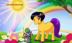 Size: 846x500 | Tagged: safe, pony, alex (totally spies), candy, eating, female, fence, flower, food, mare, nickelodeon, ponified, pony reference, rainbow, totally spies
