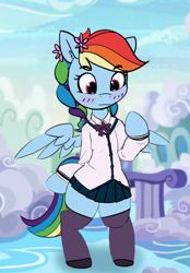 Size: 1024x1468 | Tagged: safe, artist:pabbley, color edit, edit, editor:maonyman, rainbow dash, pegasus, semi-anthro, alternate hairstyle, blushing, braid, braided pigtails, clothes, cloudsdale, colored, cute, dashabetes, ear fluff, female, flower, flower in hair, looking down, mare, necktie, pleated skirt, rainbow dash always dresses in style, school uniform, schoolgirl, screencap background, sexy, shoes, skirt, socks, solo, spread wings, stockings, stupid sexy rainbow dash, thigh highs, wings, zettai ryouiki