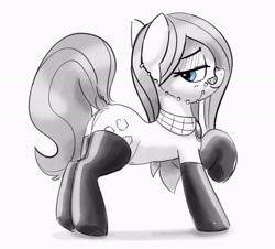 Size: 2938x2661 | Tagged: safe, artist:pabbley, cloudy quartz, earth pony, pony, g4, bedroom eyes, black and white, clothes, dock, female, glasses, grayscale, high res, latex, latex socks, looking back, loose hair, mare, milf, monochrome, partial color, raised hoof, raised tail, simple background, smiling, socks, solo, tail, white background