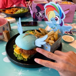 Size: 3022x3022 | Tagged: safe, photographer:kitkatyj, rainbow dash, twilight sparkle, alicorn, human, pegasus, pony, g4, g4.5, my little pony: pony life, burger, cellphone, female, food, french fries, grin, high res, irl, irl human, kumoya, mare, one eye closed, open mouth, open smile, peace sign, phone, photo, smartphone, smiling, spread wings, twilight sparkle (alicorn), wings, wink