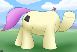 Size: 3408x2298 | Tagged: safe, artist:the-furry-railfan, oc, oc only, oc:tuffy tonnes, pony, unicorn, disproportional anatomy, high res, large butt, macro, small head, solo, tiny head, wat, waving