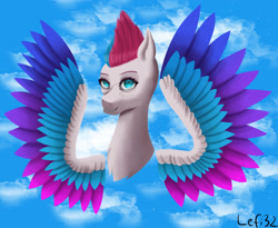 Size: 2707x2217 | Tagged: safe, artist:lefi32, zipp storm, pegasus, pony, g5, spoiler:g5, bust, cloud, female, high res, lineless, mare, shadow, signature, sky, smiling, solo, wings