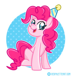 Size: 870x919 | Tagged: safe, artist:redpalette, pinkie pie, earth pony, pony, g4, abstract background, birthday, cute, happy, hat, party hat, polka dots, simple background, sitting, smiling, solo
