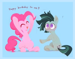 Size: 3025x2386 | Tagged: safe, artist:noupu, marble pie, pinkie pie, earth pony, pony, g4, birthday, blue background, blushing, cute, duo, duo female, exclamation point, eyes closed, female, happy birthday, high res, mare, open mouth, open smile, pie sisters, siblings, simple background, sisters, smiling, twin sisters, twins, windswept mane