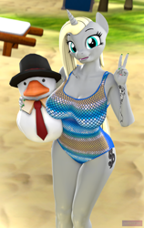Size: 2160x3418 | Tagged: safe, artist:antonsfms, oc, oc:dejavecu, bird, duck, unicorn, anthro, 3d, anthro oc, beach, beach chair, birthday, birthday gift, birthday gift art, chair, clothes, excited, gift art, grass, high res, horn, legs together, looking at you, makeup, necktie, one-piece swimsuit, outdoors, present, smiling, smiling at you, solo, swimsuit, tattoo, toy, unicorn oc