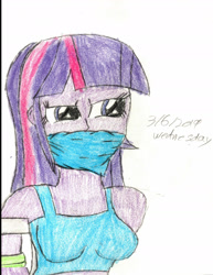 Size: 1280x1655 | Tagged: safe, artist:bluesplendont, twilight sparkle, human, equestria girls, g4, angry, bikini, cloth gag, clothes, drawing, gag, glare, solo, swimsuit, tied up, traditional art, twilight sparkle is not amused, unamused