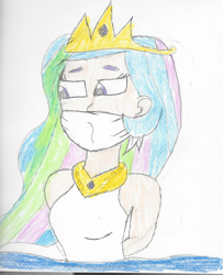 Size: 1611x1980 | Tagged: safe, artist:bluesplendont, princess celestia, human, equestria girls, g4, bored, celestia is not amused, cloth gag, concerned, flowing hair, gag, solo, tied up, traditional art, unamused, water, worried