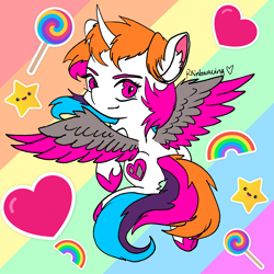 Size: 2411x2410 | Tagged: safe, artist:rainbowwing, oc, oc only, oc:rainbowwing, alicorn, pony, alicorn oc, candy, colored ears, colored hooves, colored wings, colored wingtips, complex background, curved horn, cute, ear fluff, female, flying, food, heart, high res, hoof shoes, horn, lollipop, looking at you, looking back, mare, multicolored hair, multicolored mane, multicolored tail, multicolored wings, open mouth, open smile, outline, pink eyes, rainbow, rainbow background, signature, smiley face, smiling, solo, spread wings, stars, sticker, tail, unshorn fetlocks, white outline, wings