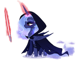 Size: 1956x1546 | Tagged: safe, artist:gihhbloonde, princess luna, pony, g4, alternate design, bracelet, cloak, clothes, eye scar, facial scar, folded wings, gradient mane, hood, hoof shoes, jewelry, levitation, lightsaber, magic, magic aura, necklace, scar, simple background, smoke, solo, sparkly mane, standing, star wars, telekinesis, transparent background, weapon, wings, yellow eyes