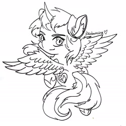 Size: 2411x2410 | Tagged: safe, artist:rainbowwing, oc, oc only, oc:rainbowwing, alicorn, pony, :3, alicorn oc, female, flying, high res, hoof shoes, horn, lineart, looking at you, monochrome, simple background, sketch, solo, spread wings, white background, wings