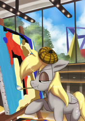 Size: 1024x1449 | Tagged: safe, artist:neoshrek, derpy hooves, pegasus, pony, g4, easel, female, hat, mare, mouth hold, paintbrush, painting, solo, tree