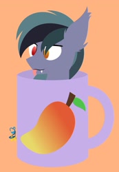 Size: 1417x2047 | Tagged: safe, artist:samsailz, oc, oc only, oc:scrimmy, bat pony, pony, :p, bat pony oc, commission, cup, ear fluff, fangs, food, heterochromia, lineless, male, mango, mug, simple background, solo, tongue out, ych result