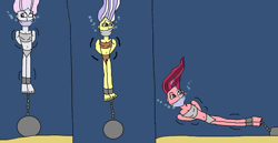 Size: 1024x527 | Tagged: safe, artist:mattjohn1992, fleur-de-lis, gloriosa daisy, upper crust, human, equestria girls, g4, 1000 hours in ms paint, asphyxiation, ball and chain, bondage, bound and gagged, cloth gag, danger, drowning, gag, help, help us, peril, scared, sinking, underwater, worried