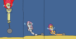 Size: 1024x527 | Tagged: safe, artist:mattjohn1992, apple bloom, scootaloo, sweetie belle, human, equestria girls, g4, angry, asphyxiation, ball and chain, belly button, bikini, calling, cloth gag, clothes, concerned, cutie mark crusaders, drowning, gag, help us, scared, sinking, stressed, swimsuit, underwater, worried