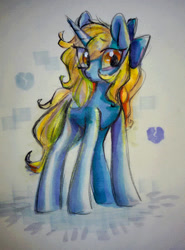 Size: 949x1280 | Tagged: safe, artist:goldenrainynight, oc, oc only, oc:pencil heart, bow, female, hair bow, solo, traditional art