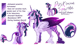 Size: 6045x3528 | Tagged: safe, artist:mysthooves, twilight sparkle, oc, oc:dusk eclipsis sparkle, alicorn, pony, g4, absurd resolution, cloven hooves, colored hooves, colored wings, colored wingtips, dusk shine, female, glasses, kinsona, leonine tail, male, mare, prince dusk, reference sheet, rule 63, solo, stallion, tail, twilight sparkle (alicorn), unshorn fetlocks, wings
