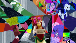 Size: 3200x1800 | Tagged: safe, artist:sixes&sevens, dinky hooves, princess luna, rarity, starlight glimmer, twilight sparkle, zecora, oc, oc:paradox, alicorn, draconequus, g4, alternate hairstyle, alternate timeline, ashlands timeline, barren, broken glass, butterfly wings, chaotic timeline, chrysalis resistance timeline, clothes, clown, crystal war timeline, doctor who, draconequus oc, forced smile, gallifrey, helmet, implied genocide, mind control, night maid rarity, nightmare takeover timeline, older twilight sparkle (alicorn), post-apocalyptic, resistance leader zecora, scarf, shattered glass, sign, smiling, sombra soldier, static, time lord, twilight sparkle (alicorn), wasteland, wings
