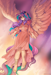 Size: 908x1332 | Tagged: safe, artist:margony, princess flurry heart, alicorn, human, anthro, plantigrade anthro, g4, bandage, barefoot, breasts, bruised, busty princess flurry heart, clothes, dirty, dress, feet, female, flying, horn, horned humanization, humanized, injured, looking at you, older, older flurry heart, solo, spread wings, winged humanization, wings