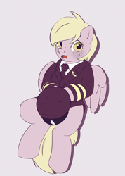 Size: 2076x2921 | Tagged: safe, artist:drafthoof, derpy hooves, pegasus, semi-anthro, g4, arm hooves, clothes, covering, covering crotch, high res, jacket, pilot, pilot derpy, simple background, solo