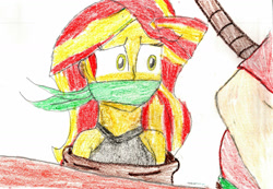 Size: 1280x887 | Tagged: safe, artist:bluesplendont, sunset shimmer, human, equestria girls, g4, cloth gag, gag, kidnapped, peter pan, sack, scared, solo, terrified, traditional art, worried