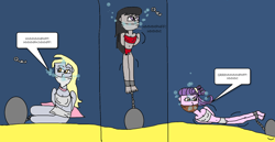 Size: 1024x527 | Tagged: safe, artist:mattjohn1992, derpy hooves, octavia melody, suri polomare, human, equestria girls, g4, asphyxiation, ball and chain, cloth gag, drowning, gag, help us, imminent death, muffled words, struggling, tied up, underwater