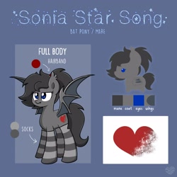 Size: 2560x2560 | Tagged: safe, artist:sugar morning, oc, oc only, oc:sonia star song, bat pony, bat pony oc, bat wings, blank expression, chibi, clothes, colored pupils, ear fluff, female, heart, high res, mare, ponytail, reference sheet, smaller female, socks, solo, striped socks, wings