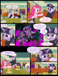 Size: 1042x1358 | Tagged: safe, artist:dendoctor, doctor whooves, grace manewitz, mean twilight sparkle, pinkie pie, queen chrysalis, starlight glimmer, time turner, twilight sparkle, alicorn, changeling, earth pony, pony, unicorn, comic:clone.., g4, alternate universe, bipedal, blushing, clone, clothes, comic, diner, discord whooves, discorded whooves, female, fire, food, fork, glowing, glowing horn, horn, how it should have ended, magic, pancakes, pepper, pinkie clone, plate, salt, taffy, twilight sparkle (alicorn), waitress