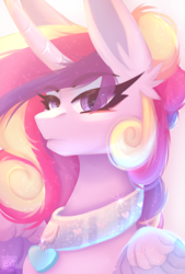 Size: 3094x4590 | Tagged: safe, artist:elektra-gertly, princess cadance, alicorn, pony, canterlot wedding 10th anniversary, g4, female, gradient background, heart, heart collar, mare, neck rings, solo, wings