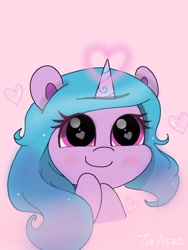 Size: 1200x1600 | Tagged: safe, artist:twiliset, izzy moonbow, pony, unicorn, g5, spoiler:g5, cute, heart, heart eyes, looking at you, pink background, simple background, smiling, solo, wingding eyes