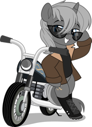 Size: 3635x5000 | Tagged: safe, artist:jhayarr23, oc, oc only, oc:octal overflow, pony, unicorn, absurd resolution, biker, bipedal, bipedal leaning, boots, clothes, commission, commissioner:biohazard, gift art, glasses, horn, jacket, leaning, leather jacket, looking at you, male, motorcycle, shoes, simple background, solo, stallion, sunglasses, transparent background, unicorn oc, ych result