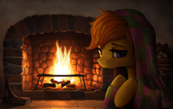 Size: 4096x2592 | Tagged: safe, artist:magfen, oc, oc only, oc:amber dart, pegasus, pony, g4, cottagecore, fire, fireplace, freckles, sad, solo