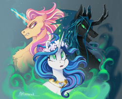 Size: 1330x1080 | Tagged: safe, artist:anoraknr, princess cadance, queen chrysalis, shining armor, alicorn, changeling, pony, unicorn, canterlot wedding 10th anniversary, g4, :o, changeling king, curved horn, fangs, female, gleaming shield, glowing, glowing horn, gritted teeth, horn, jewelry, king metamorphosis, long horn, magic, male, male alicorn, mare, mind control, open mouth, prince bolero, rule 63, sharp teeth, stallion, teeth, telekinesis