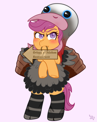 Size: 3200x4000 | Tagged: safe, artist:yumomochan, scootaloo, bird, pegasus, pony, turkey, g4, blushing, cover art, cute, cutealoo, food, meat, mouth hold, ponies eating meat, scootachicken, scootaloo is not amused, scootaturkey, sign, simple background, solo, unamused