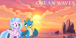 Size: 2064x1049 | Tagged: safe, artist:cloudy glow, artist:dashiesparkle, artist:not-yet-a-brony, gallus, silverstream, griffon, hippogriff, g4, beach, female, friends, friendship, male, movie reference, ocean, ocean waves, ship:gallstream, shipping, straight, studio ghibli, sunset, water, youtube link in the description
