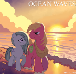 Size: 1679x1655 | Tagged: safe, artist:tony fleecs, edit, idw, big macintosh, marble pie, earth pony, pony, g4, 2022, beach, bittersweet, cropped, female, friends, friendship, heartwarming, implied sugarmac, male, mare, may, movie reference, not shipping, ocean, ocean waves, platonic, ship sinking, stallion, studio ghibli, sunset, water, youtube link in the description
