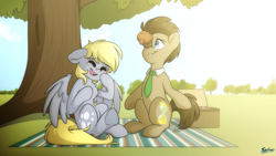 Size: 5000x2813 | Tagged: safe, artist:fluffyxai, derpy hooves, doctor whooves, time turner, earth pony, pegasus, pony, balancing, basket, blushing, chest fluff, crying, cute, doctorderpy, female, laughing, male, open mouth, open smile, picnic basket, picnic blanket, ponies balancing stuff on their nose, shipping, smiling, straight, tears of laughter, teary eyes, tree