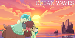Size: 2064x1049 | Tagged: safe, artist:not-yet-a-brony, sandbar, yona, earth pony, pony, yak, g4, 2022, beach, friends, friendship, hug, may, movie reference, ocean, ocean waves, studio ghibli, sunset, water, youtube link in the description